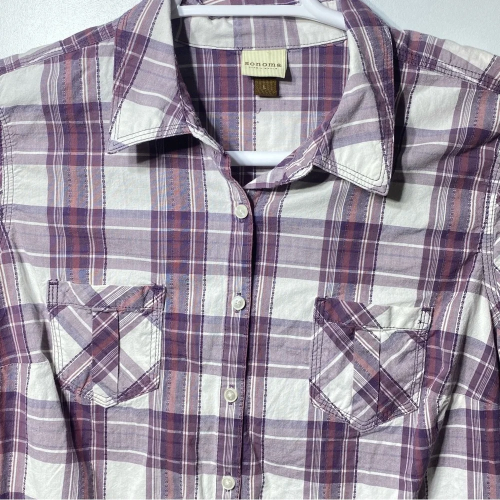 Sonoma Life Style Women's L Purple Plaid Flannel Button Up Collared Long Sleeve - Picture 3 of 15